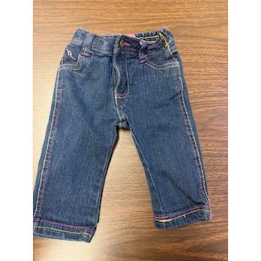 Rocawear Baby Girl Jeans 3/6M Dark Wash Pink Yellow Stitch Elastic Waist Denim